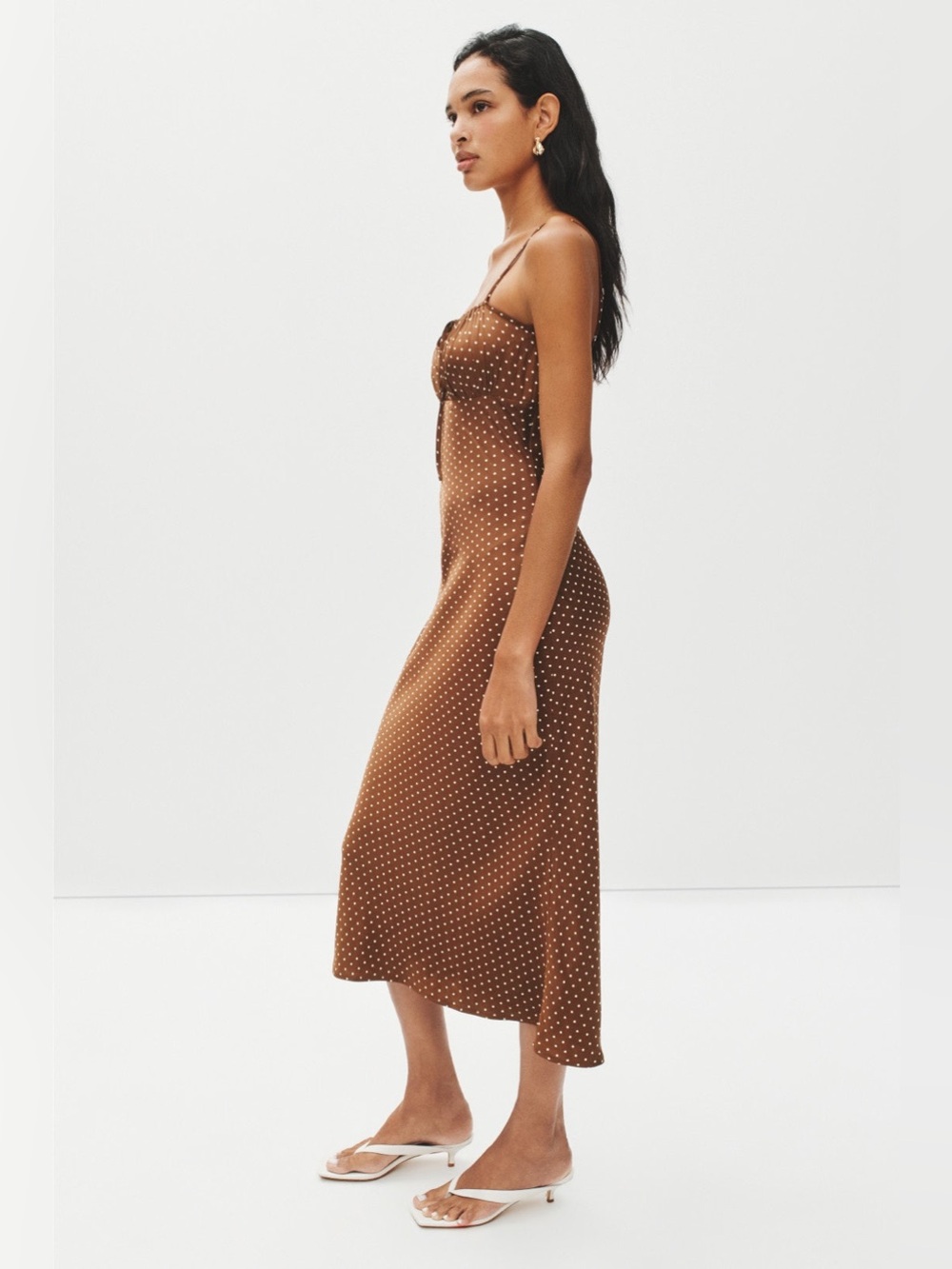 Ciao Lucia Brown Polka Dot Spaghetti Strap Midi Dress - Picture 2 of 8